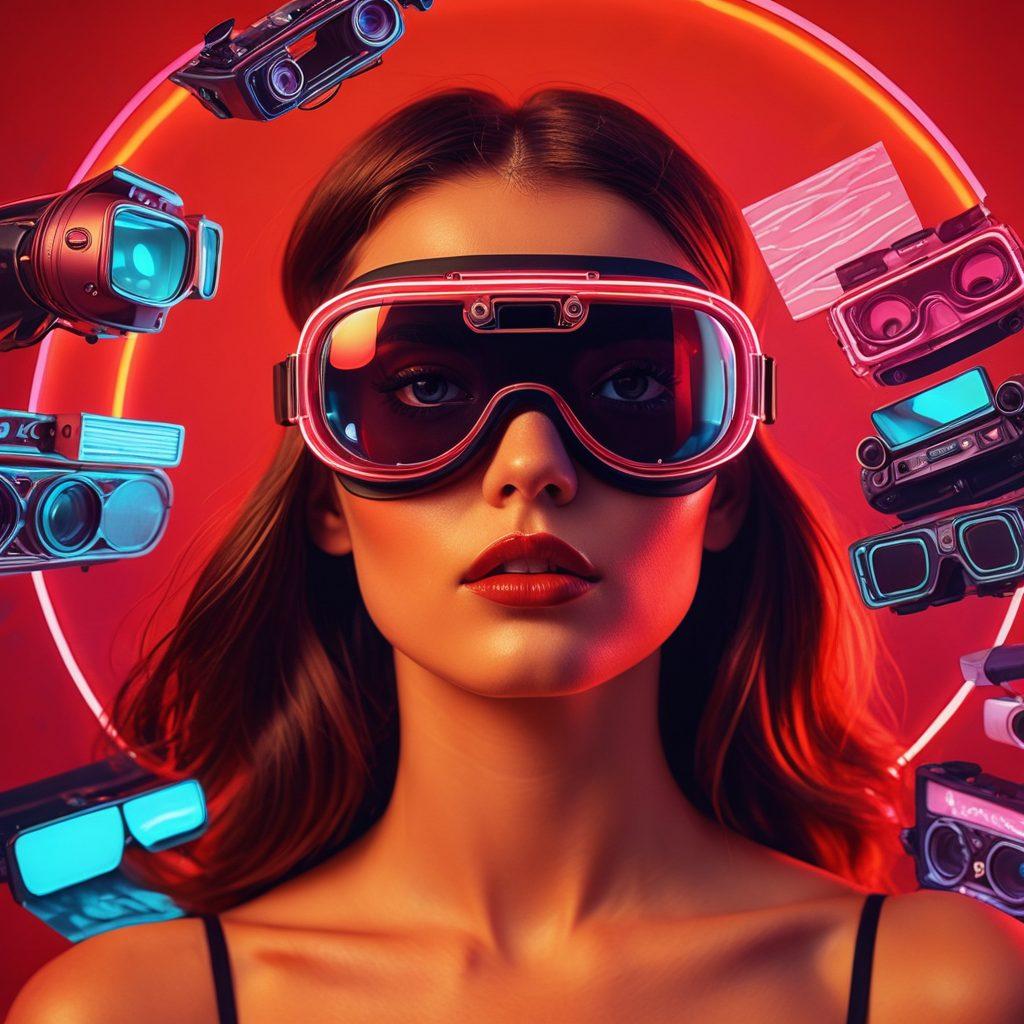 A sleek collage of diverse erotic content mediums, featuring retro-style amateur clips, high-definition scenes glowing with intensity, and immersive VR goggles hinting at virtual pleasure. The background should be a deep, sultry red with soft-focus neon lights to add allure. Include subtly suggestive elements without explicit details to keep it tasteful. vector art. vibrant colors.