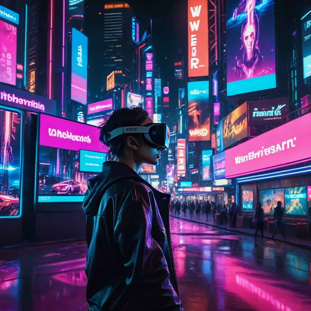 A futuristic cityscape at night with neon lights, featuring billboards with 'Web HD VR' in bold letters, a person wearing a VR headset looks amazed while immersed in vibrant digital landscapes, and a sleek computer screen showcasing high-definition adult content in the background. Cyberpunk. vibrant colors. super-realistic. neon glow.